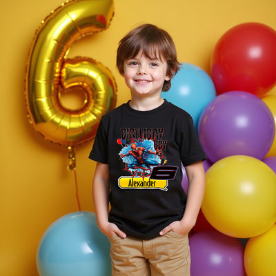 Personalised Spiderman birthday tee featuring superhero design