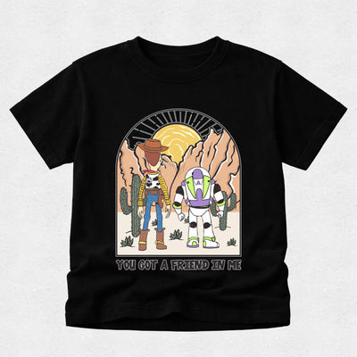 Black t-shirt with cartoon characters and 'You Got a Friend in Me' text on a light gray background