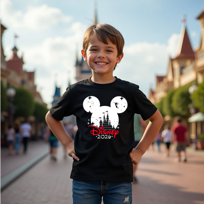 Child wearing a black Disney t-shirt with a castle design in an outdoor setting, likely a theme park.