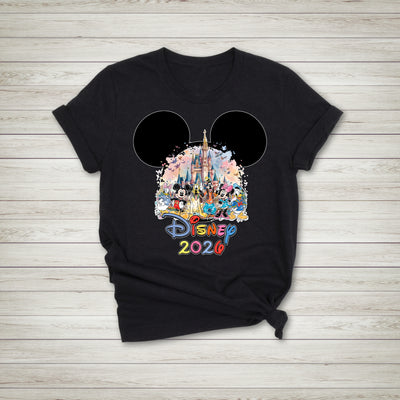 Close-up of magical pastel castle artwork on kids and adults tee