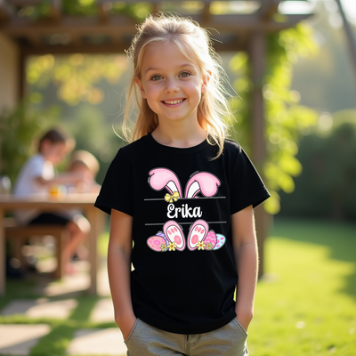Young girl wearing a black t-shirt with a colorful design and name 'Erika' outdoors.