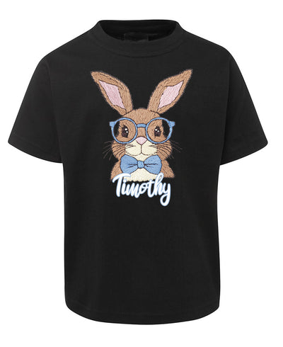 Black t-shirt with a rabbit graphic and 'Timothy' text on a white background