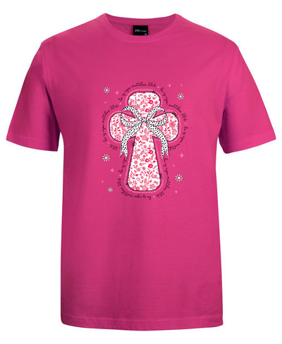 Pink t-shirt with a decorative cross design on a white background
