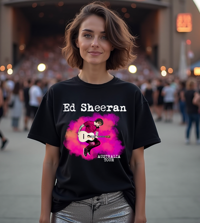 Woman wearing a black t-shirt with Ed Sheeran graphic and text in an outdoor setting