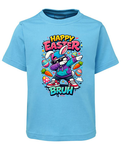 Blue t-shirt with colorful Easter graphic design on a white background