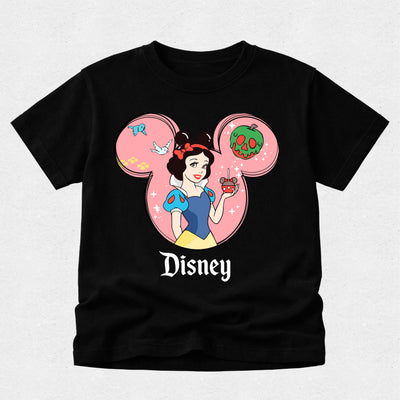 Black t-shirt with Snow White design and Disney logo on a light gray background