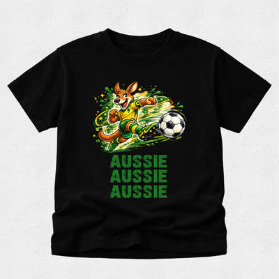Black t-shirt with kangaroo and soccer ball graphic and 'Aussie Aussie Aussie' text on a light gray background