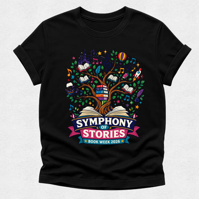 Black t-shirt with 'Symphony of Stories' design on a light gray background