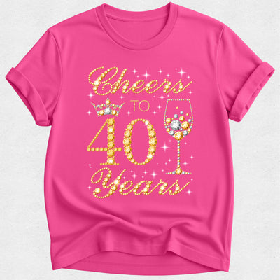Pink t-shirt with 'Cheers to 40 Years' text and graphics on a white background