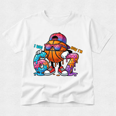 white boys 7th birthday tshirt featuring I was 6 now I'm 7 basketball graphic