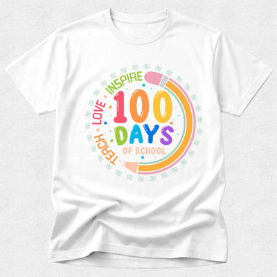 White t-shirt with colorful '100 Days of School' design on a white background