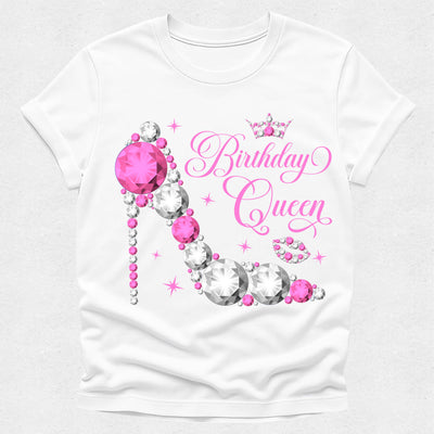 White t-shirt with 'Birthday Queen' text and pink gemstone design on a white background