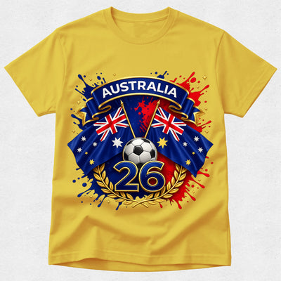 Yellow t-shirt with Australia-themed design featuring flags and number 26 on a white background
