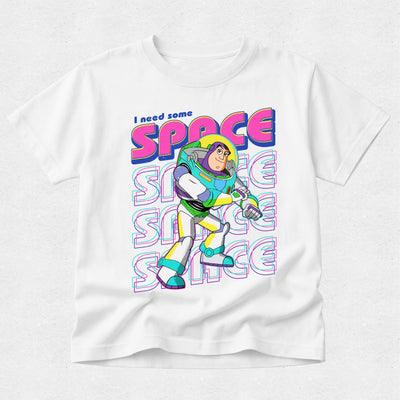 White t-shirt with Buzz Lightyear graphic and 'I need some space' text on a white background