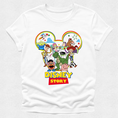 White t-shirt with Disney Story characters and logo on a white background