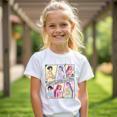 Young girl wearing a white t-shirt with colorful graphics and text, standing outdoors.