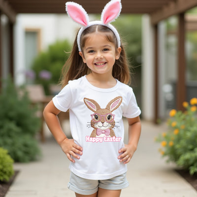 Child wearing a 'Happy Easter' t-shirt with a bunny design outdoors.