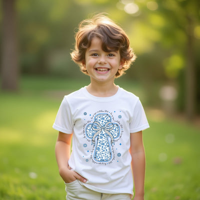 Child wearing a white t-shirt with a blue floral cross design outdoors.
