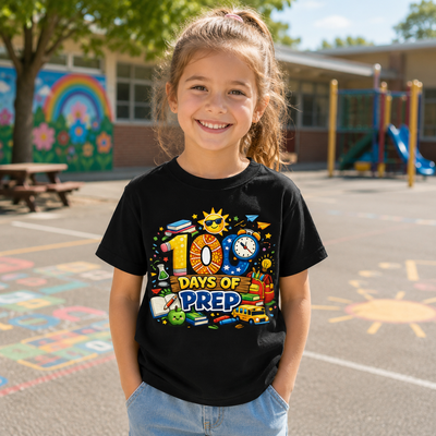Young girl wearing a black t-shirt with '100 Days of Prep' design on a school playground.