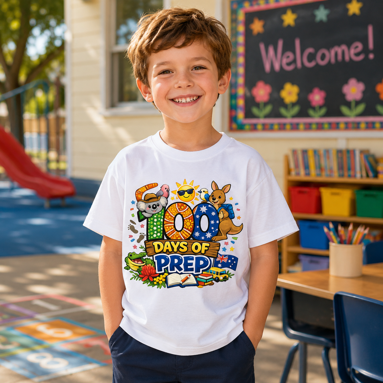 Child wearing a '100 Days of Prep' t-shirt in an outdoor classroom setting