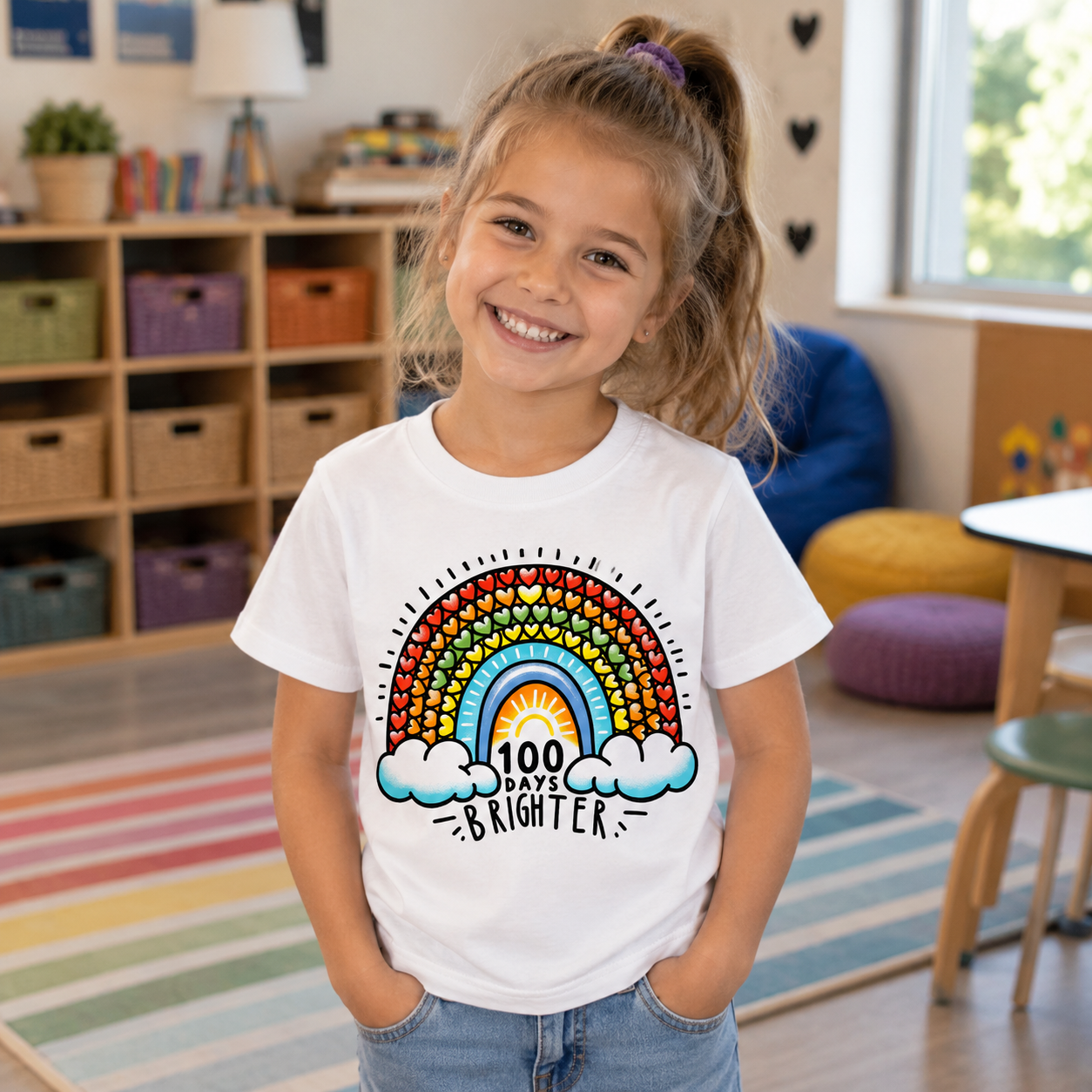 A young girl smiling in a colorful children's room, wearing a white graphic t-shirt with a rainbow design and the text '100 DAYS BRIGHTER'.
