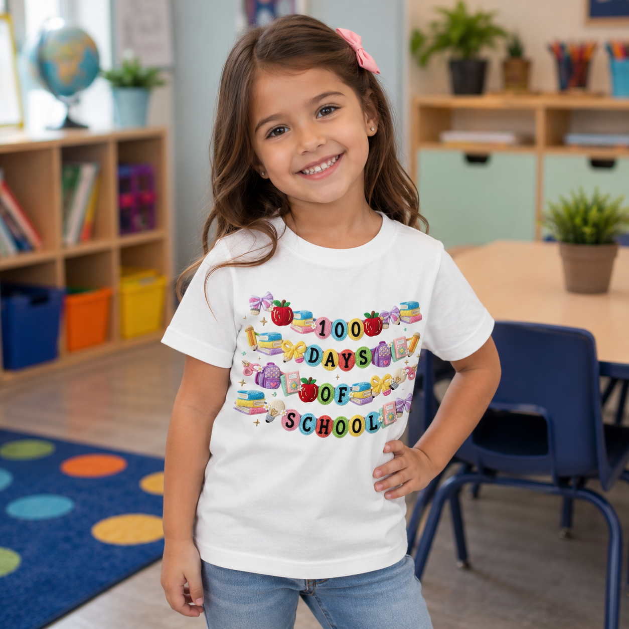 A young girl with a pink hair bow stands in a classroom wearing a white graphic t-shirt that reads '100 DAYS OF SCHOOL' in colorful letters with school-themed illustrations. She is smiling and posing with one hand on her hip.
