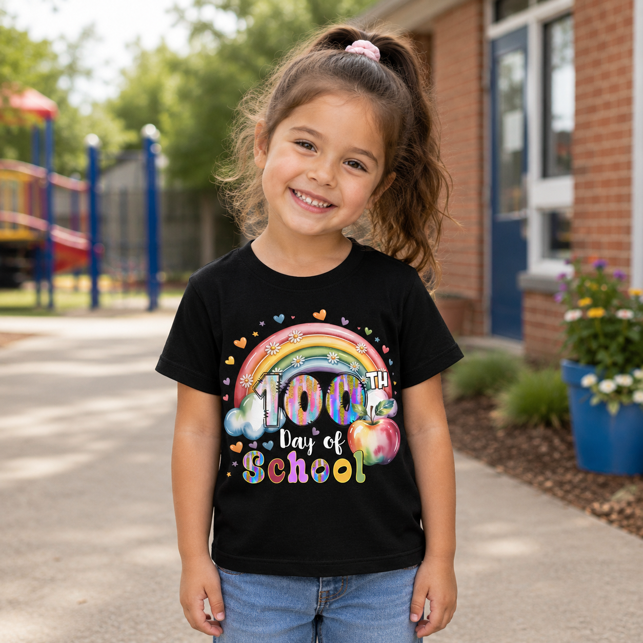 A young girl smiling outdoors in front of a brick school building, wearing a black short-sleeve T-shirt with a colorful '100th Day of School' rainbow graphic on the front.