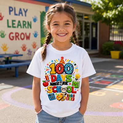 Young girl wearing a '100 Days of School' t-shirt in front of a school building.