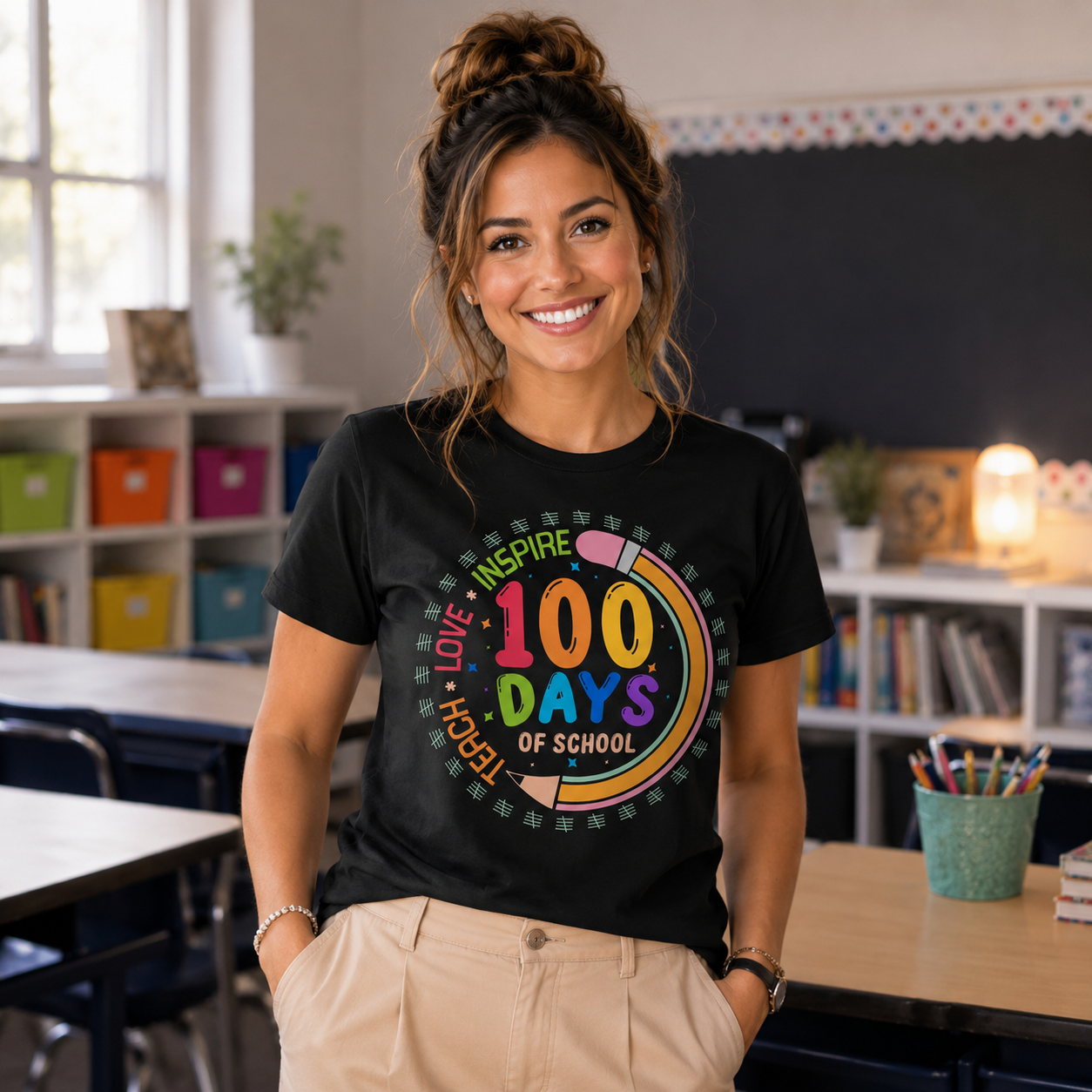 Woman wearing a black t-shirt with a colorful '100 Days of School' design in a classroom setting.