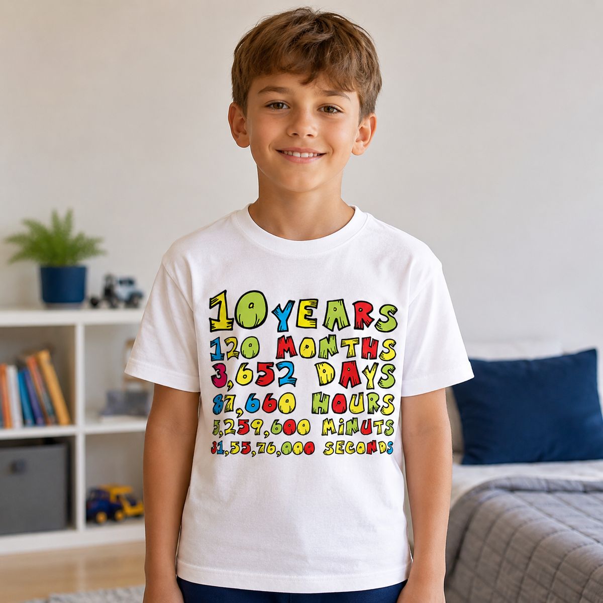 A smiling young boy wearing a white graphic t-shirt with colorful text celebrating 10 years, standing in a brightly lit bedroom.