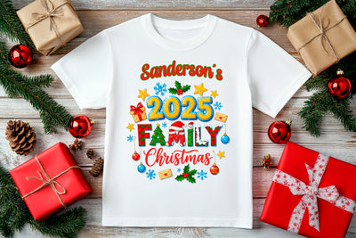 Matching family holiday t-shirts with cheerful “Holly Jolly” design, cozy and stylish.