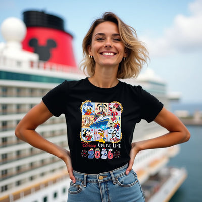 Woman wearing a black t-shirt with Disney Cruise Line 2026 design in front of a cruise ship.