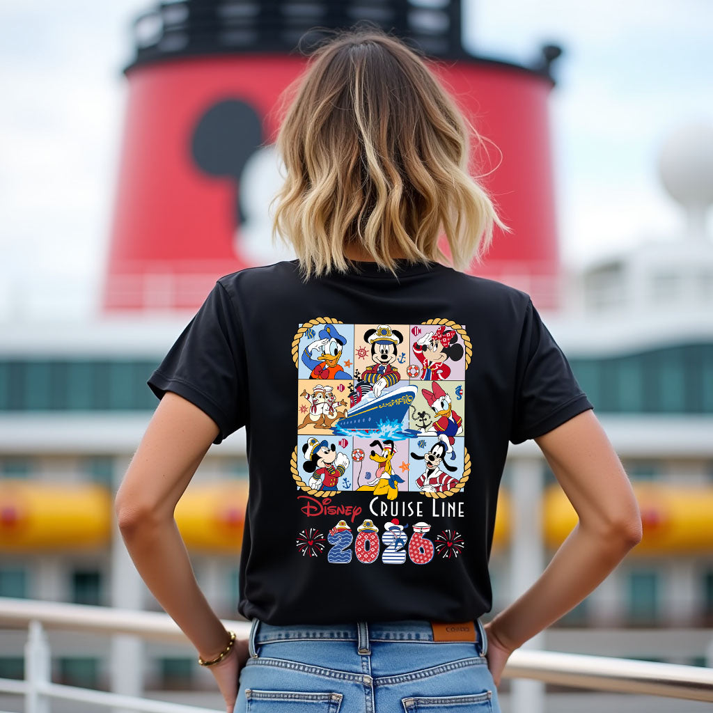 Person wearing a black t-shirt with Disney Cruise Line 2026 design, standing in front of a lighthouse.