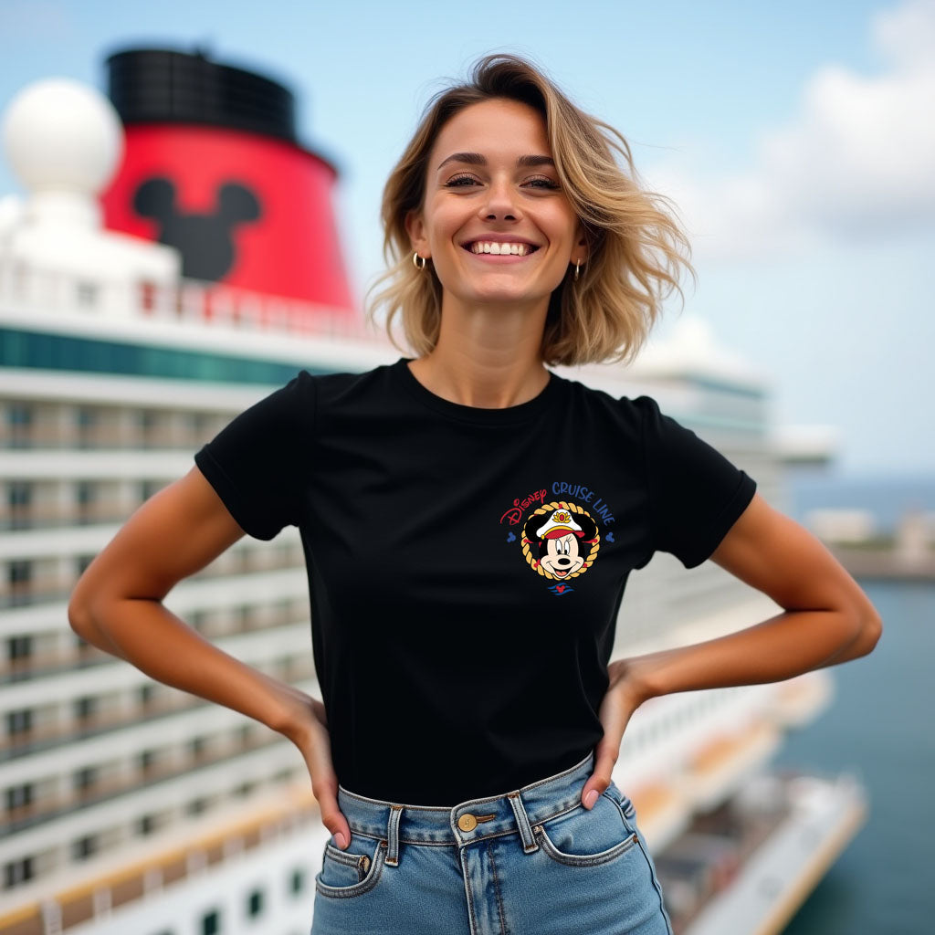 Woman wearing a black t-shirt with a logo in front of a cruise ship.
