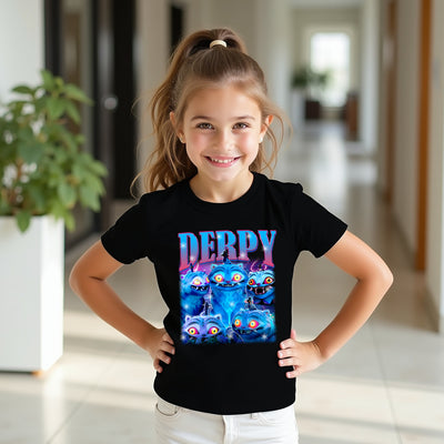 Young girl wearing a black t-shirt with colorful graphics and text indoors.