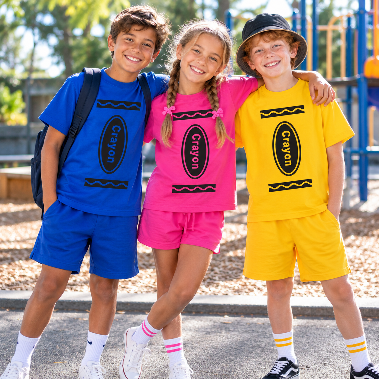 Three children standing together outdoors in a playground setting, each wearing a matching two-piece Crayon brand outfit in a different bright color: blue, pink, and yellow. The outfits include a short-sleeve top and shorts with a large oval Crayon logo printed on the front.