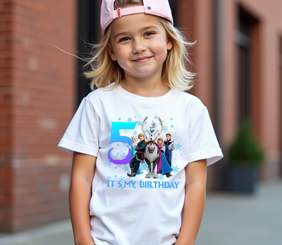 Close-up of Magical Frozen design with Elsa, Anna, Olaf, and friends printed in vibrant detail