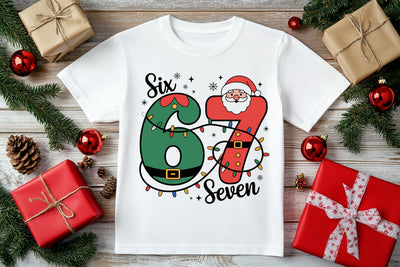 Flat lay of 67 Themed Santa and Reindeer holiday shirt