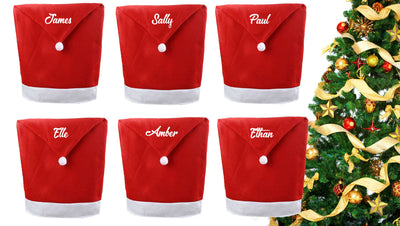 Custom Christmas chair covers with names for holiday dining décor