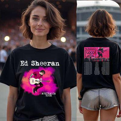 Person wearing a black Ed Sheeran t-shirt with a front and back view.