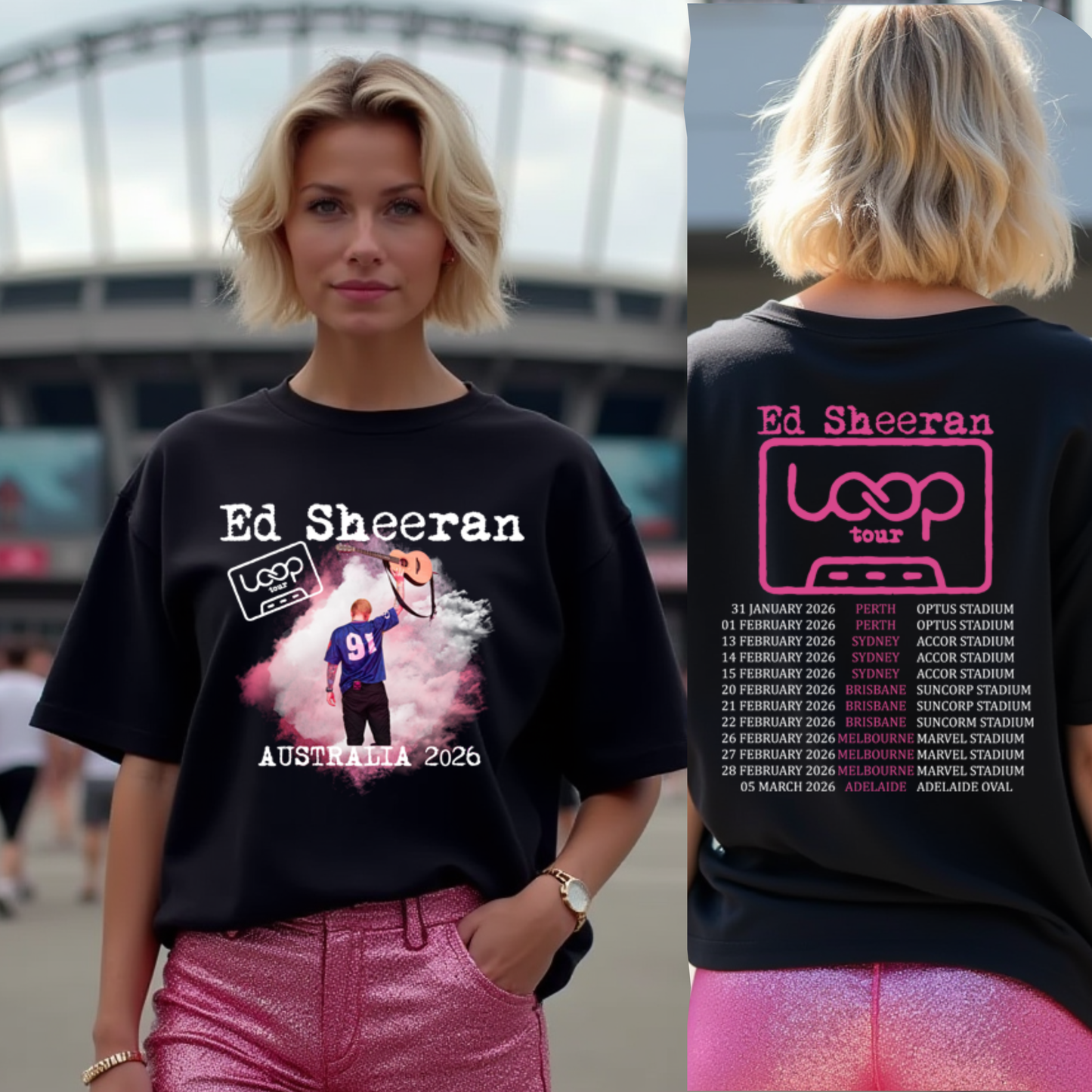 Person wearing a black Ed Sheeran t-shirt with concert details, standing in front of a stadium.