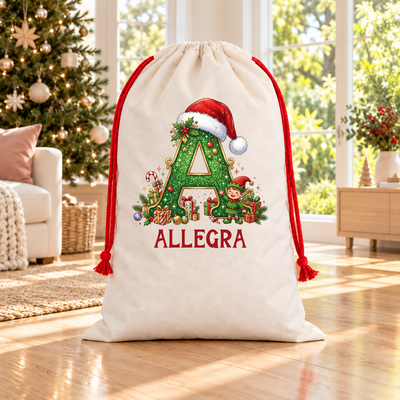 Personalised Christmas Initial Santa Sack – Green Elf & Presents