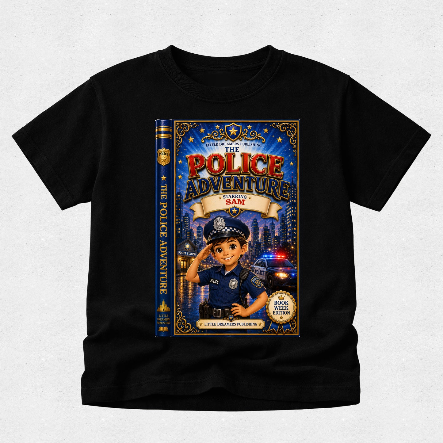 A black short-sleeve crewneck t-shirt featuring a large graphic print of a children's book titled 'The Police Adventure: I Saw Santa Claus Deliver Christmas' on the front, displayed against a light gray textured background.