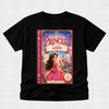 A black short-sleeve t-shirt with a large graphic print of a book cover titled 'The Lost Princess' featuring an illustration of a princess in a pink gown and a castle, displayed on a light gray textured background.