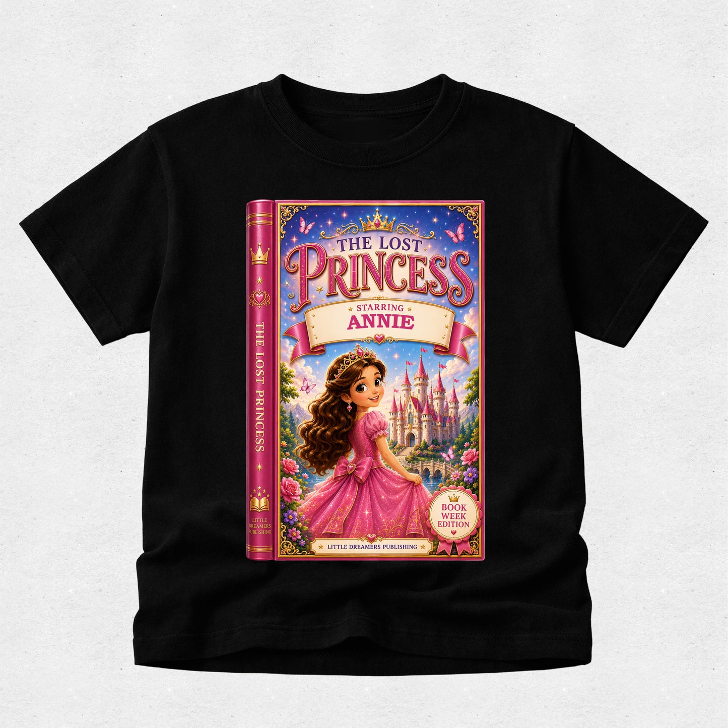 A black short-sleeve t-shirt with a large graphic print of a book cover titled 'The Lost Princess' featuring an illustration of a princess in a pink gown and a castle, displayed on a light gray textured background.