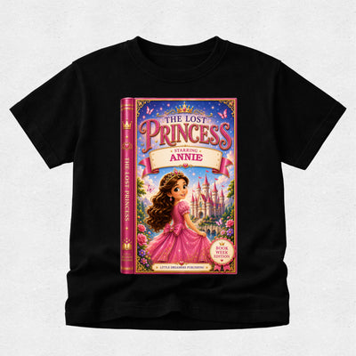 A black short-sleeve t-shirt with a large graphic print of a book cover titled 'The Lost Princess' featuring an illustration of a princess in a pink gown and a castle, displayed on a light gray textured background.
