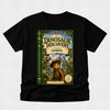 A black short-sleeve t-shirt with a large graphic print of a children's book titled 'The Dinosaur Discovery: Starring Terry' on the front, displayed against a light gray textured background.