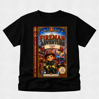 A black short-sleeve t-shirt with a large, colorful graphic print on the front depicting the book cover of 'The Fireman Adventure: Learning Zane'. The shirt is displayed flat against a light gray textured background.