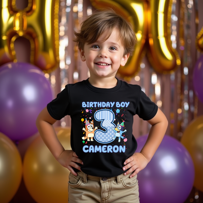 Custom Bluey inspired birthday t-shirt with child’s name and age