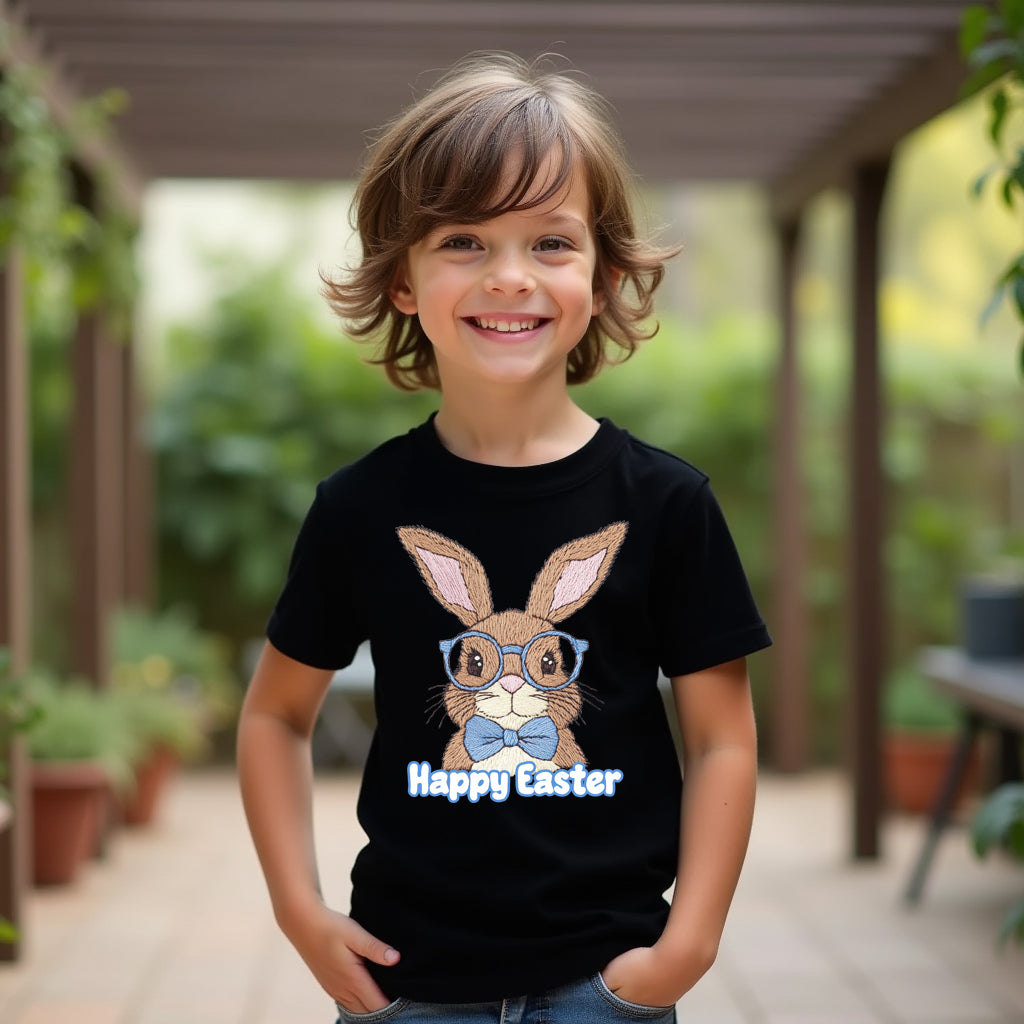Child wearing a black t-shirt with a bunny design and 'Happy Easter' text outdoors.